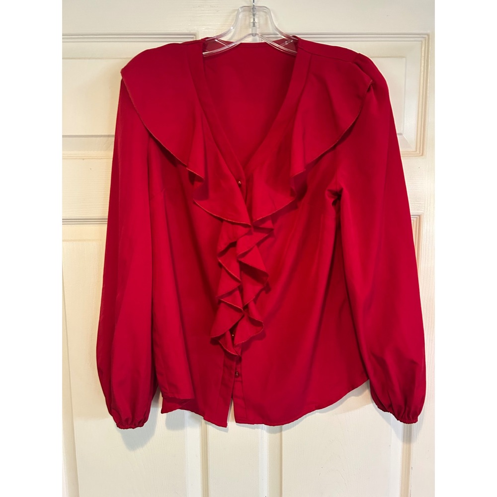 Festive Victorian inspired, romantic Red Ruffle V-Neck Button Front Blouse